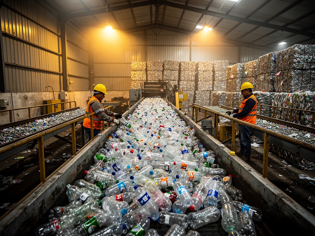 Instalación de reciclaje de PET en México con trabajadores seleccionando materiales