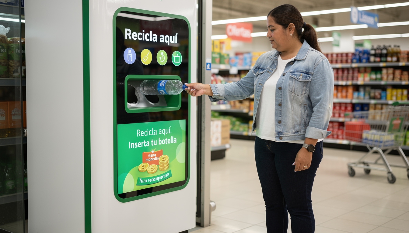 Máquina de reciclaje inverso en tienda de autoservicio en México